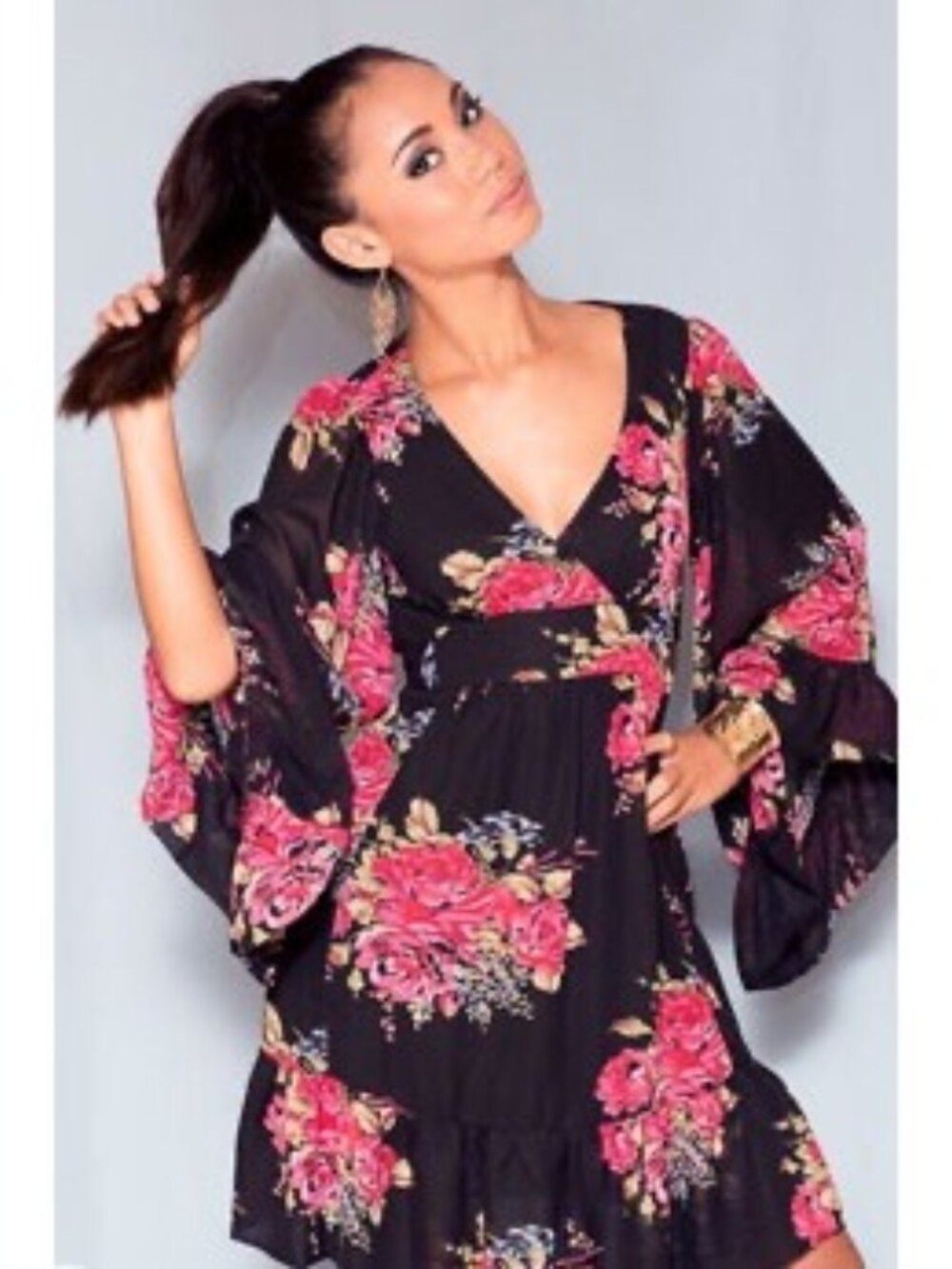 Betsey Johnson Black Bambi Floral Bell Sleeve Ruffle Hem Dress 8 | Y2K Boho Glam - Picture 14 of 16